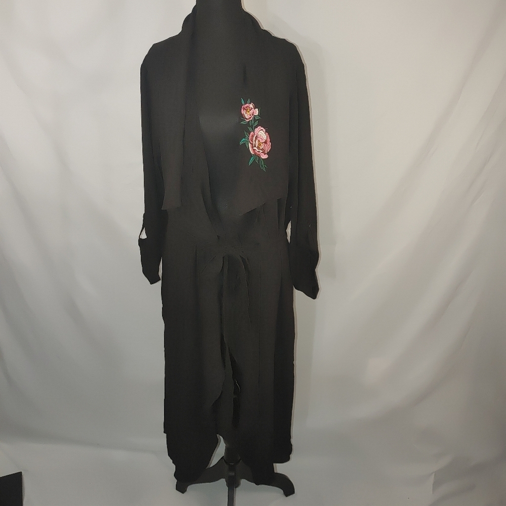 IRIS Los Angeles 2XL Black Floral Embroidered Duster Cardigan Open Front